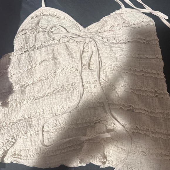 Ingrid & Isabel Tops - Cream Tiered Ruffle Cami Top Textured Smocked Lace Trim Drawstring XL